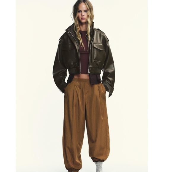 Zara FAUX LEATHER CROPPED JACKET - Mid Khaki - Picture 1 of 7